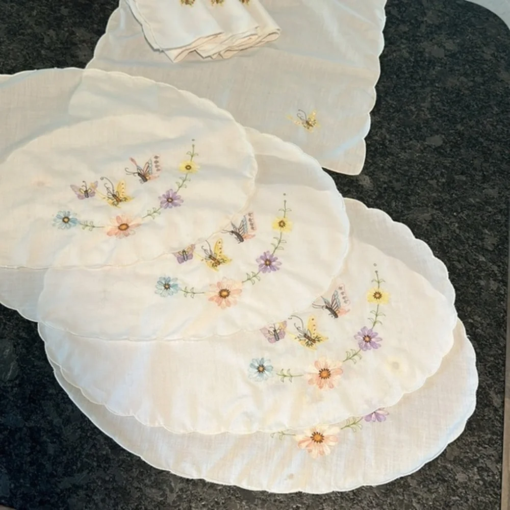 Embroidered White Linen Placemats with Pastel Floral and Butterfly Motif